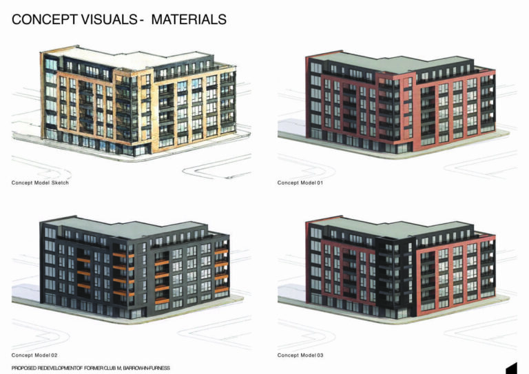 Collage of four concept building models showing different materials and colors for proposed redevelopment visuals.